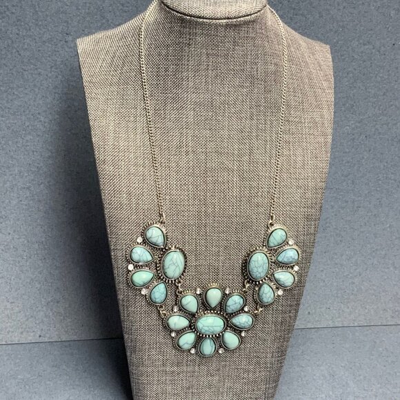 Statement Necklace 19 In Robins Egg Blue Crackle Antiqued Silver Rhinestone BoHo - Picture 1 of 7